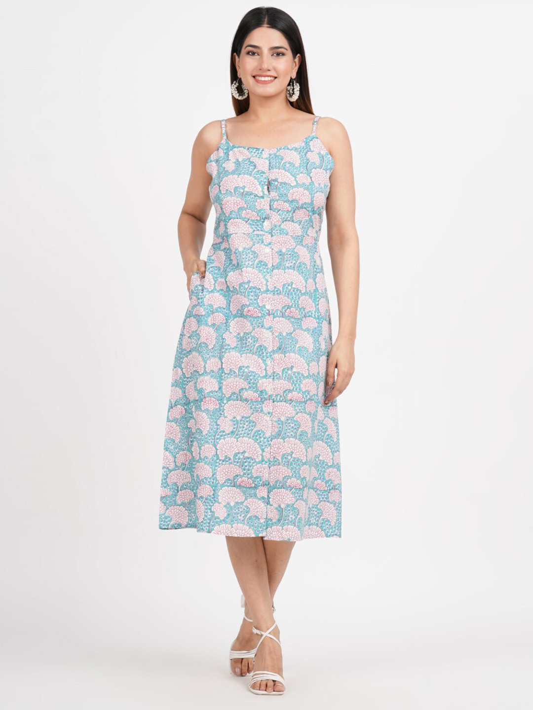 

JAIPURIBANNO Floral Print Shoulder Straps Cotton A-Line Midi Dress, Multi
