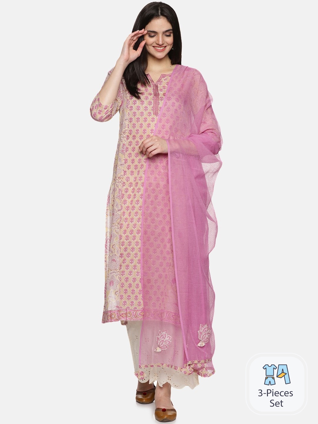 

JAIPURIBANNO Floral Printed Regular Pure Cotton Kurta with Palazzos & Dupatta, Pink