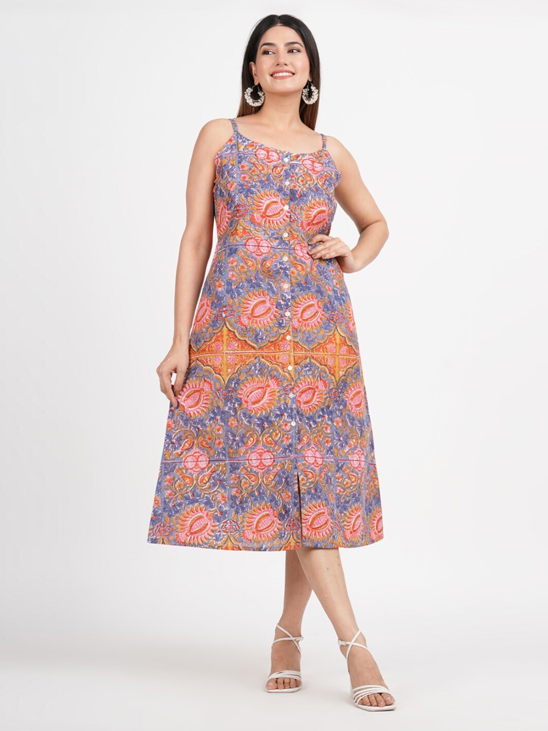 

JAIPURIBANNO Ethnic Motifs Printed Shoulder Straps Cotton A-Line Midi Dress, Multi