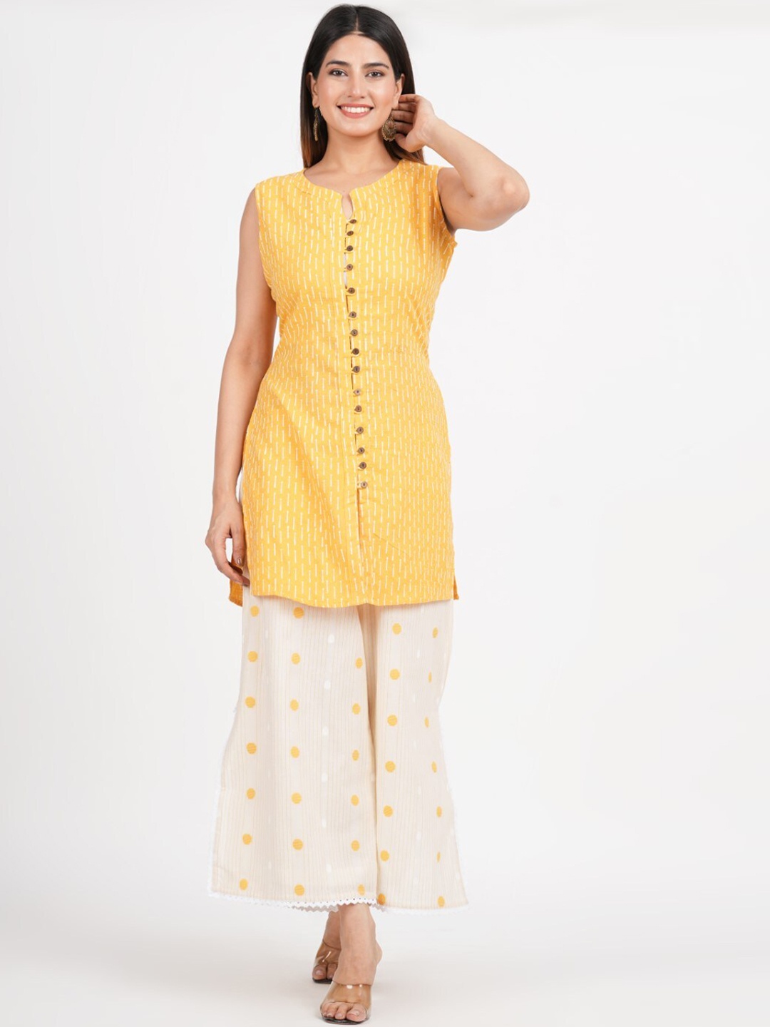 

JAIPURIBANNO Abstract Printed Regular Pure Cotton Kurti with Palazzos, Yellow
