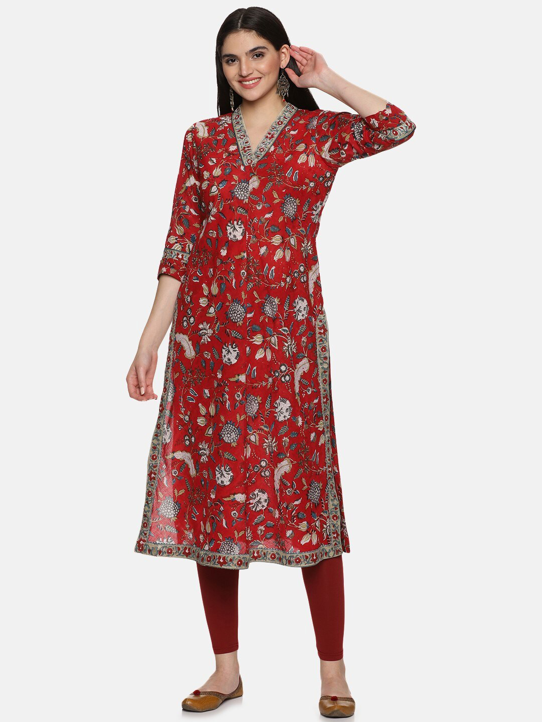 

JAIPURIBANNO Floral Printed V-Neck Cotton Straight Kurta, Maroon
