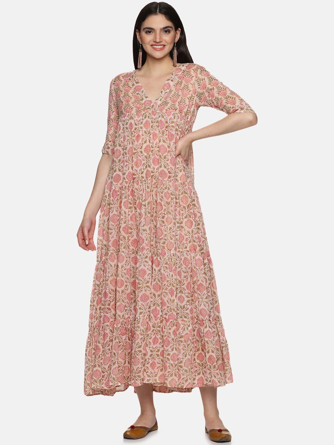 

JAIPURIBANNO Floral Print Cotton A-Line Maxi Dress, Peach