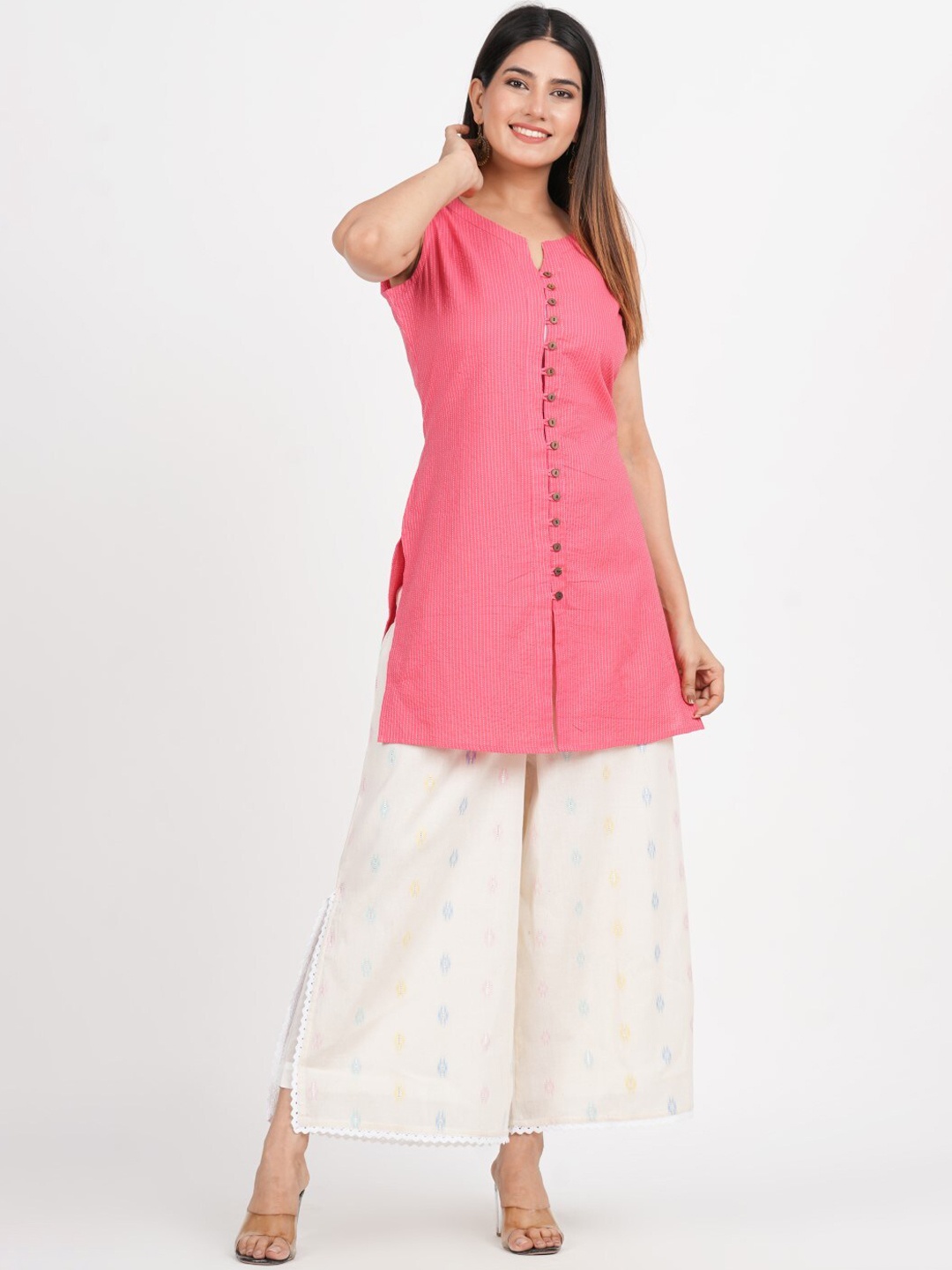 

JAIPURIBANNO Striped Regular Pure Cotton Kurti with Palazzos, Pink