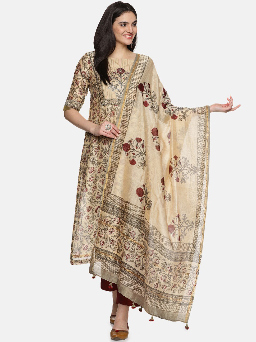 

JAIPURIBANNO Floral Printed Regular Chanderi Cotton Kurta with Trousers & Dupatta, Beige