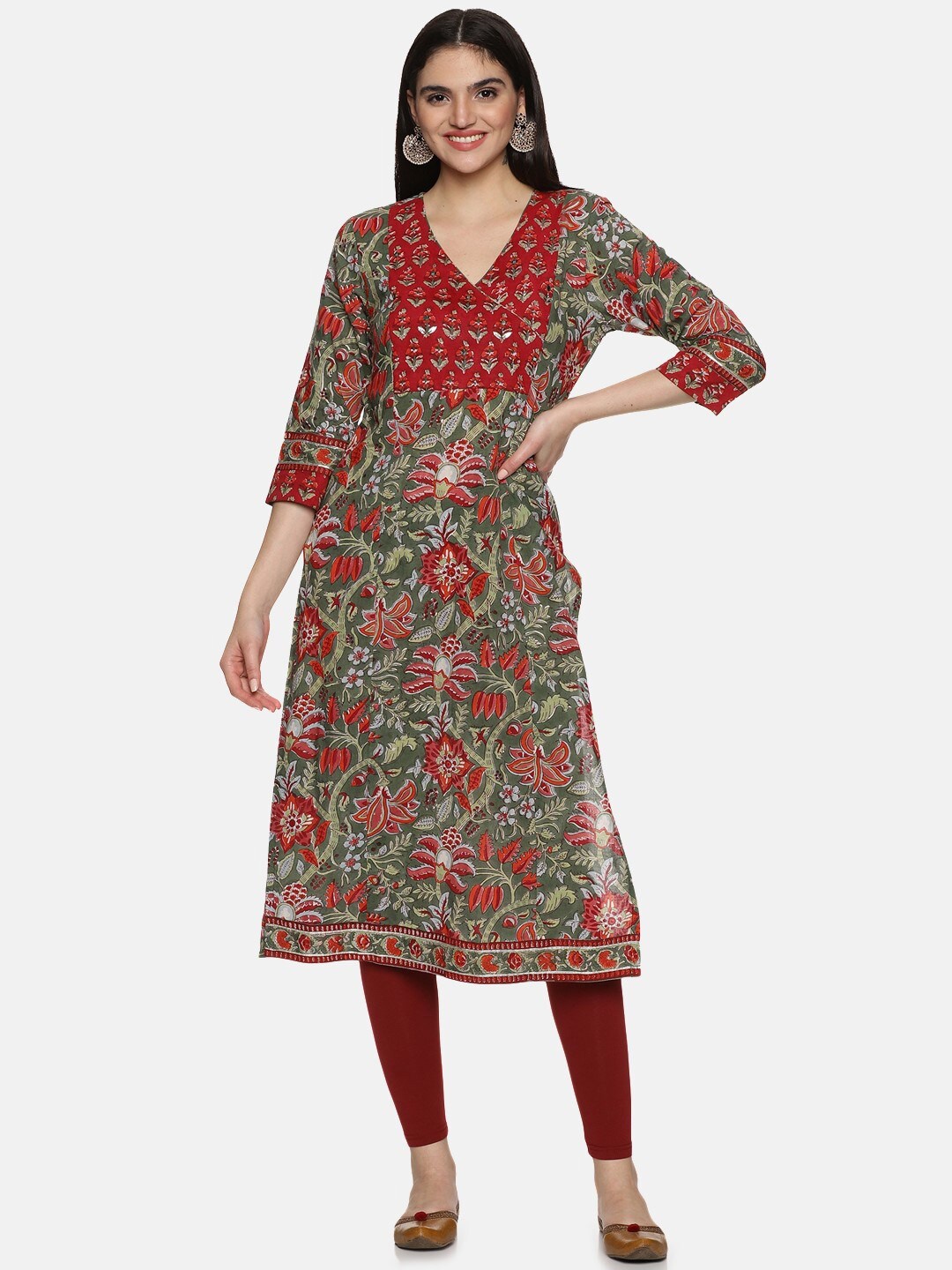 

JAIPURIBANNO Floral Printed V-Neck Cotton Straight Kurta, Red