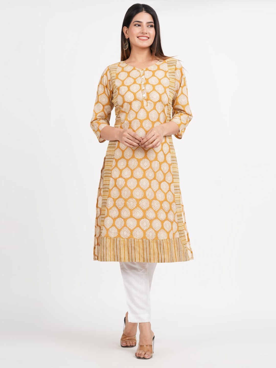 

JAIPURIBANNO Ethnic Motif Printed V-Neck Cotton Straight Kurta, Yellow