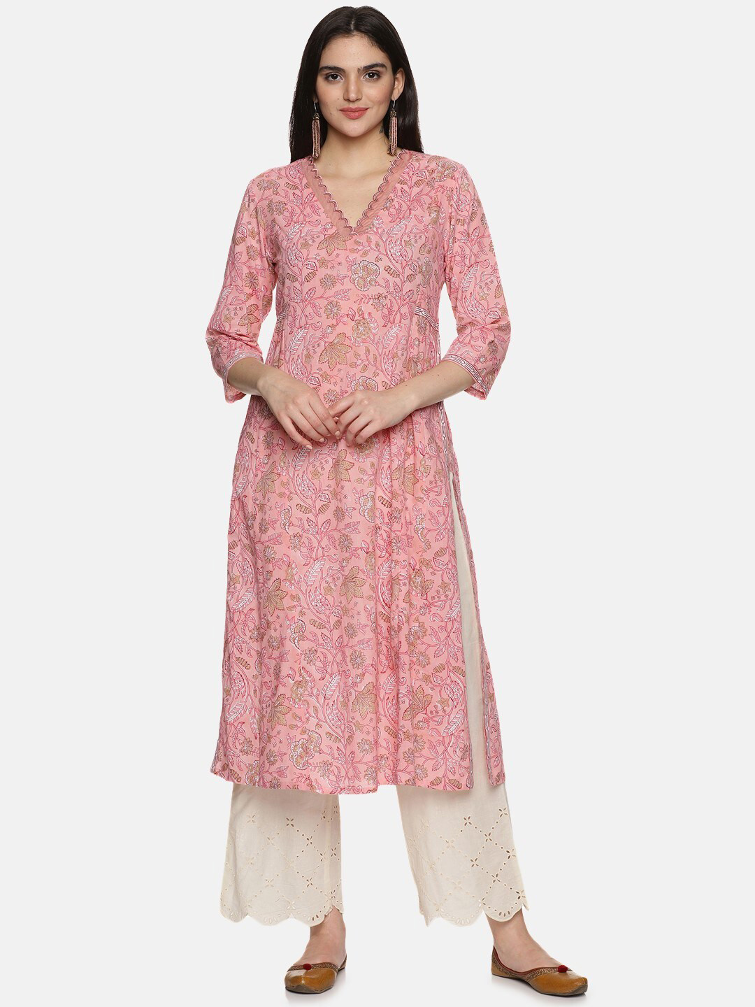 

JAIPURIBANNO Floral Printed V-Neck Cotton Straight Kurta, Pink