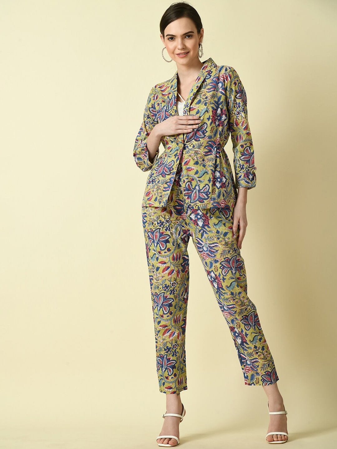 

Myshka Printed Pure Cotton Coat With Trousers, Green