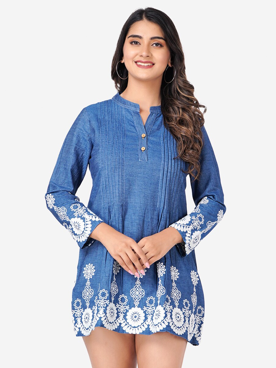 

SUMAVI-FASHION Mandarin Collar Embroidered & Pleated Organic Cotton Denim A-Line Dress, Blue