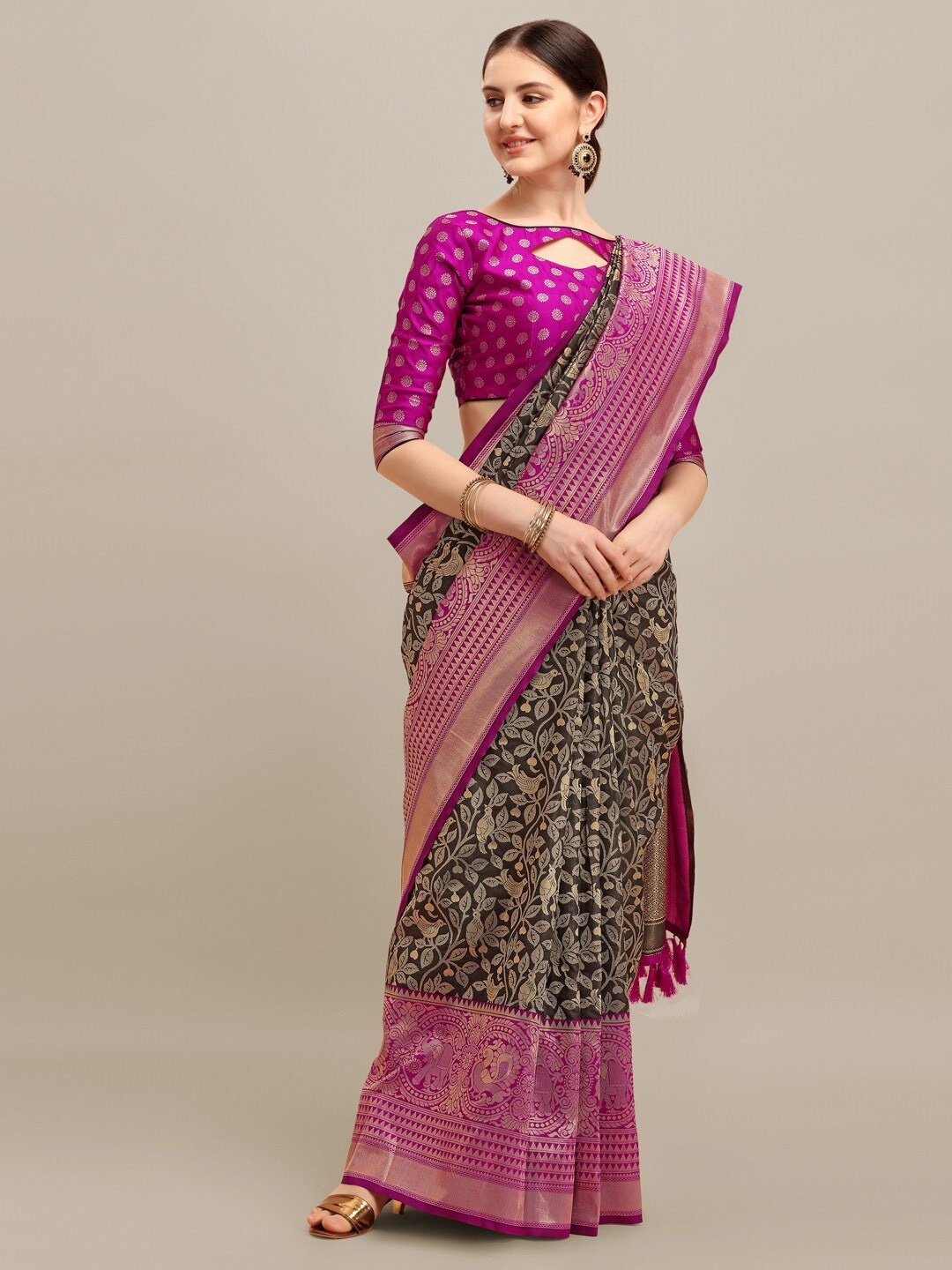 

Mitera Black & Purple Floral Woven Design Zari Banarasi Saree