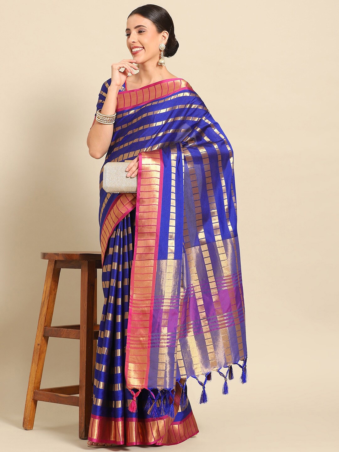 

Mitera Blue & Gold-Toned Geometric Woven Design Zari Banarasi Saree