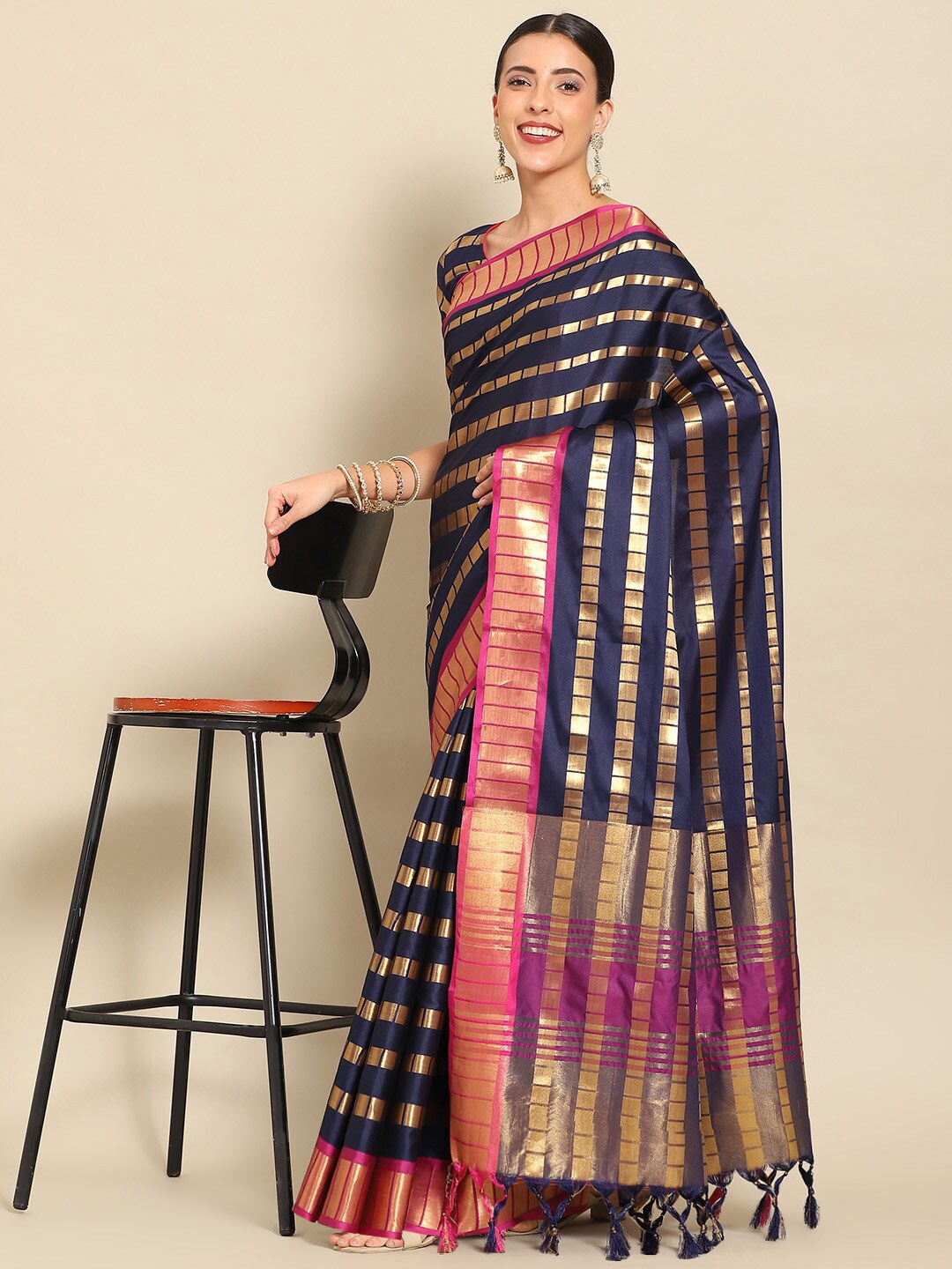 

Mitera Navy Blue & Gold-Toned Geometric Woven Design Zari Banarasi Saree