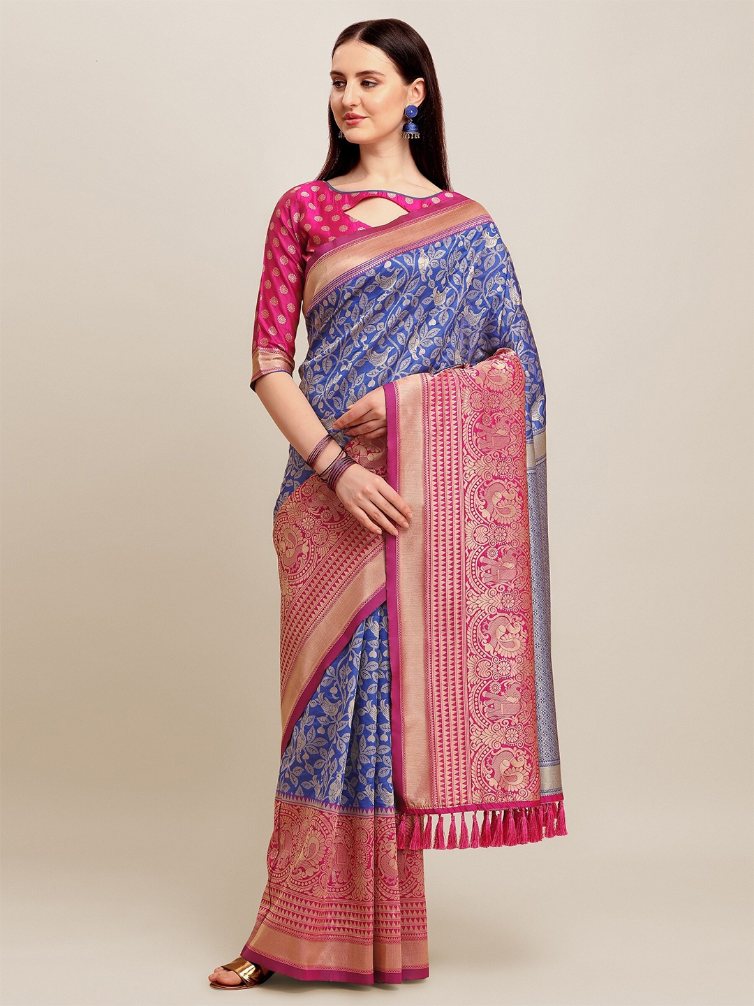 

Mitera Blue & Pink Floral Woven Design Zari Silk Blend Banarasi Saree