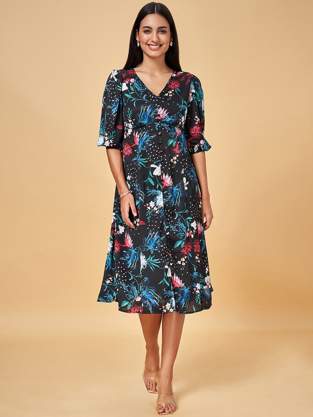 

Honey by Pantaloons Floral Printed V-Neck Puff Sleeves A-Line Dress, Black