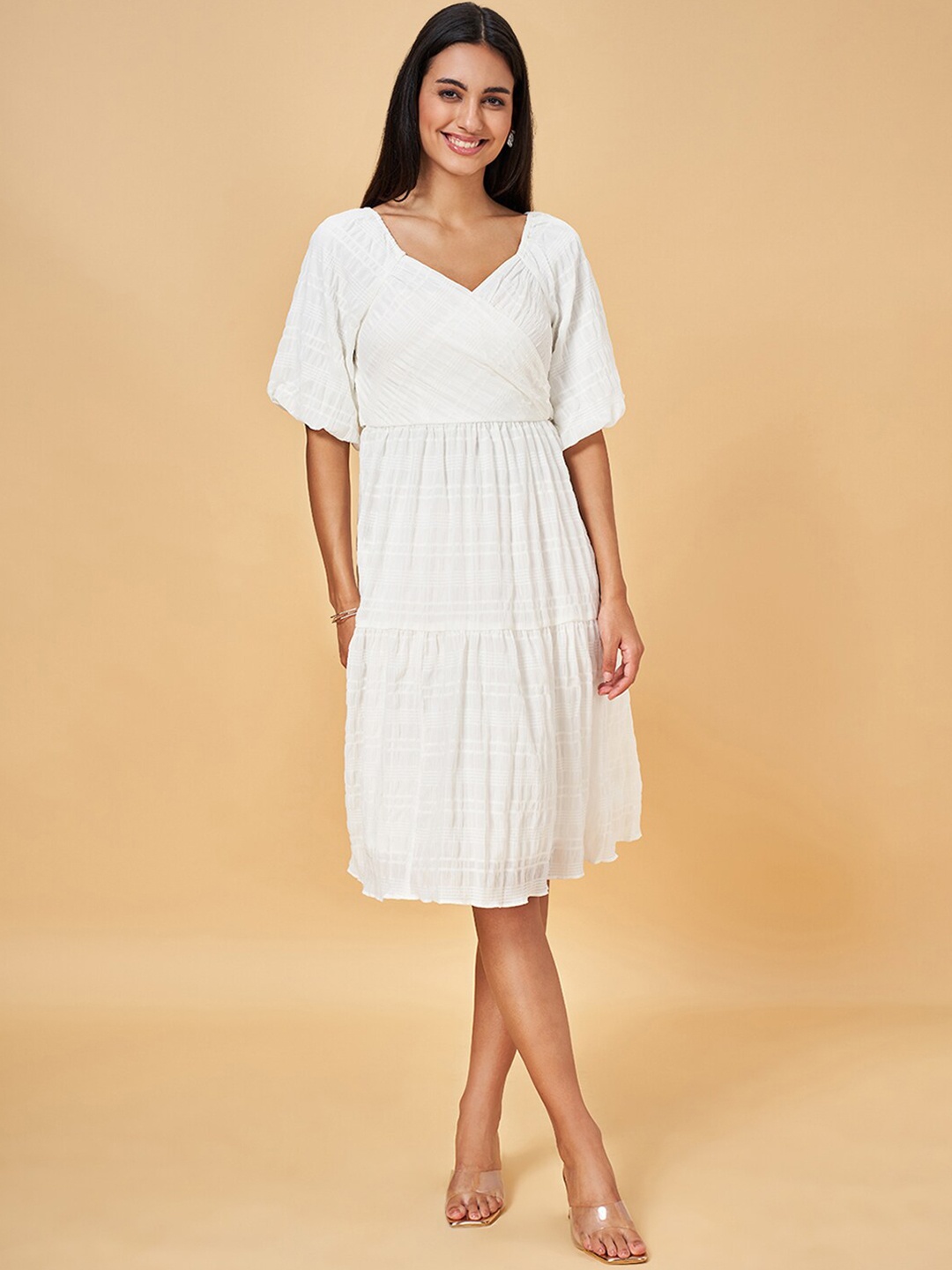 

Honey by Pantaloons Striped V-Neck Puff Sleeves Smoked Detail Tiered Wrap Dress, Off white