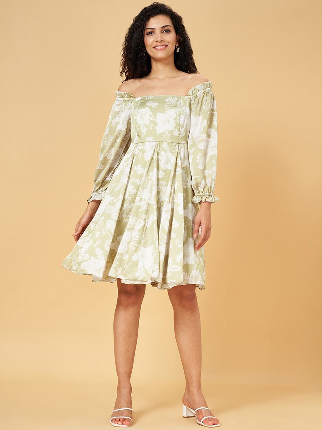 

Honey by Pantaloons Floral Printed Off-Shoulder Puff Sleeves Smocked Fit & Flare Dress, Olive