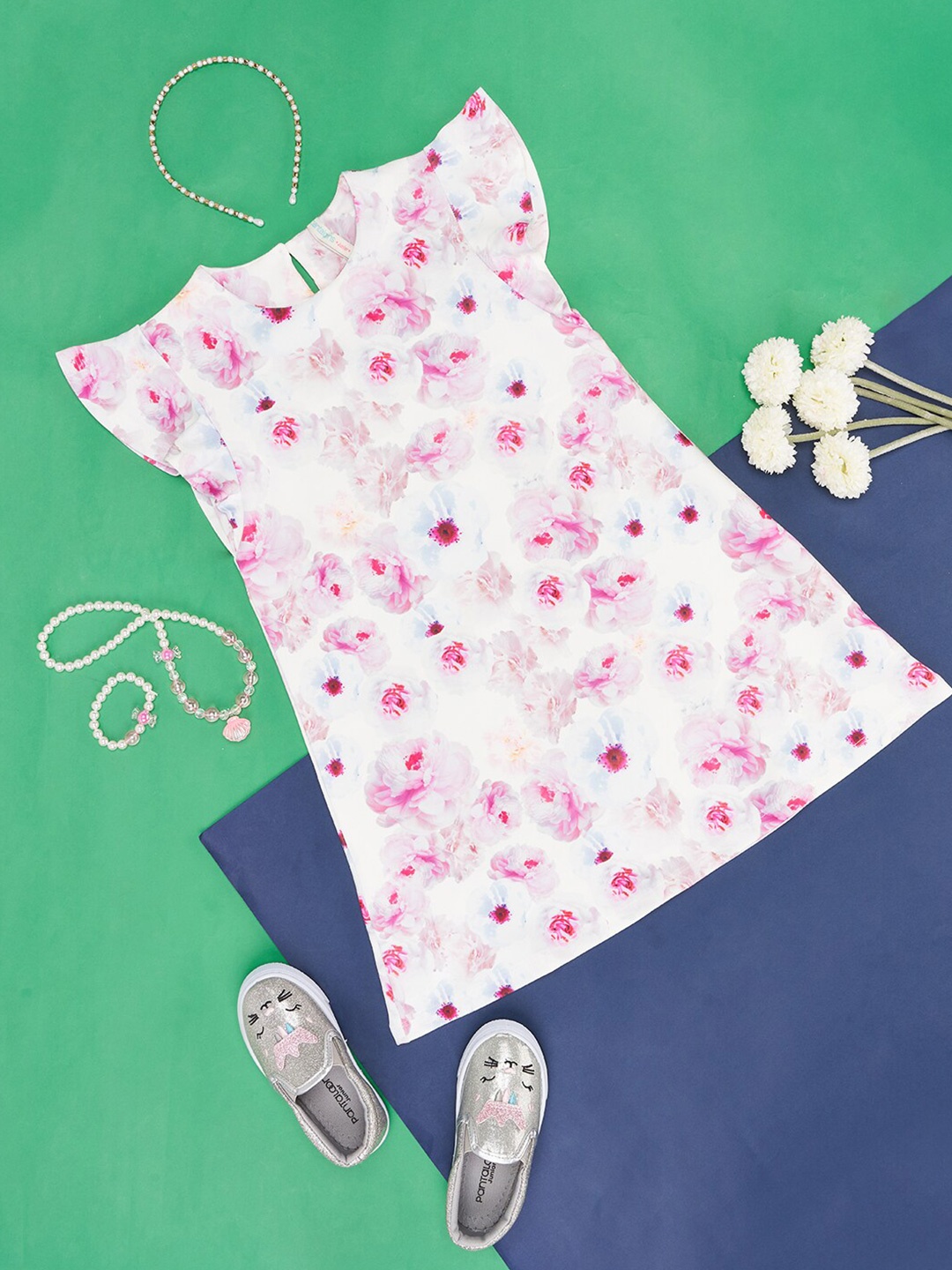 

Pantaloons Junior Girls Floral Printed A-Line Cotton Dress, Off white