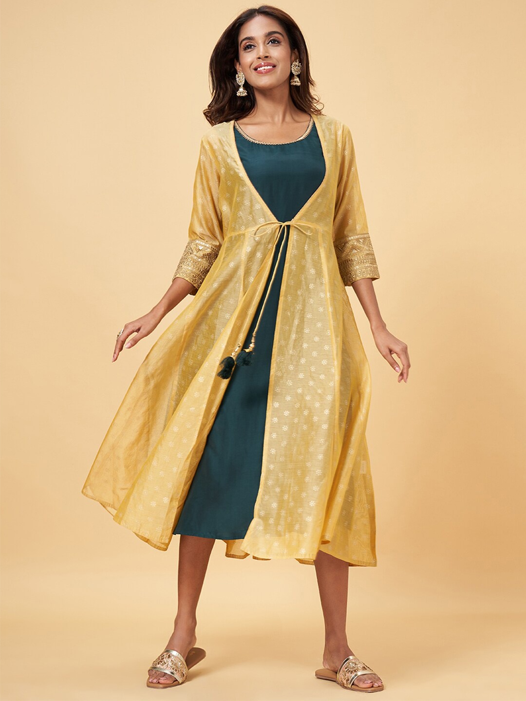 

RANGMANCH BY PANTALOONS Tie-Ups Detail Silk A-Line Midi Dress With Shrug, Yellow