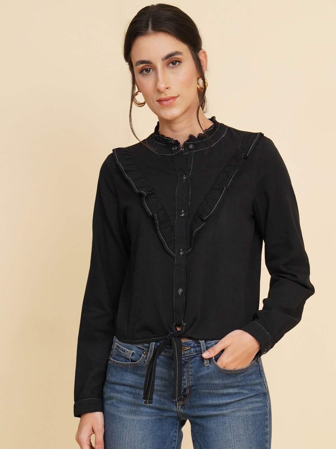 

HOUSE OF KKARMA Black Mandarin Collar Sheen Cotton Shirt Style Top