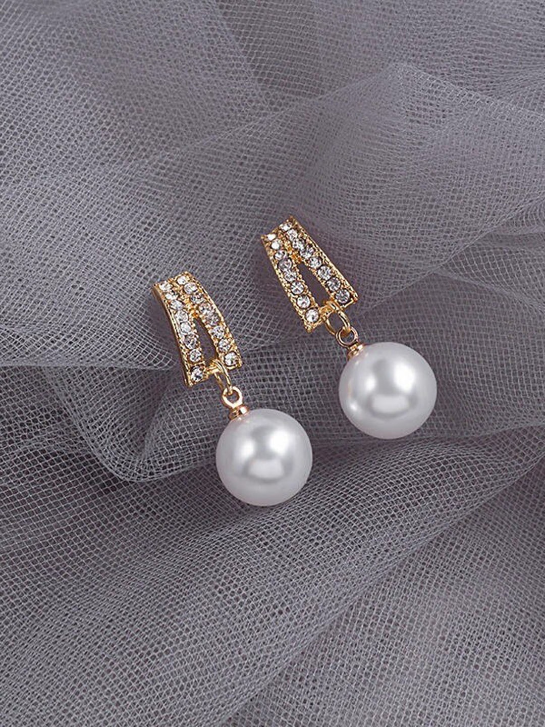 

VIEN Gold-Plated Cubic Zirconia-Studded Pearl Contemporary Drop Earrings