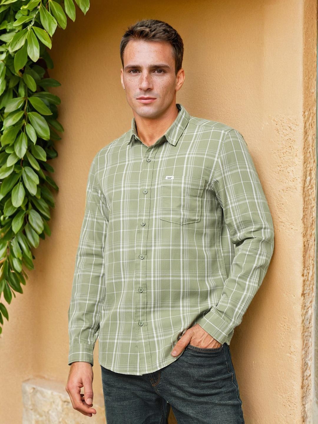 

Lee Slim Fit Checked Spread Collar Long Sleeves Cotton Casual Shirt, Green
