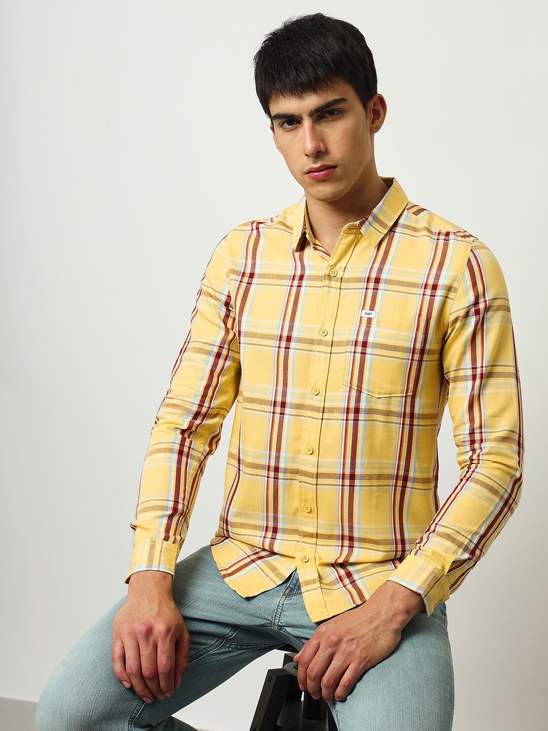 

Lee Slim Fit Checked Spread Collar Long Sleeves Cotton Twill Casual Shirt, Yellow