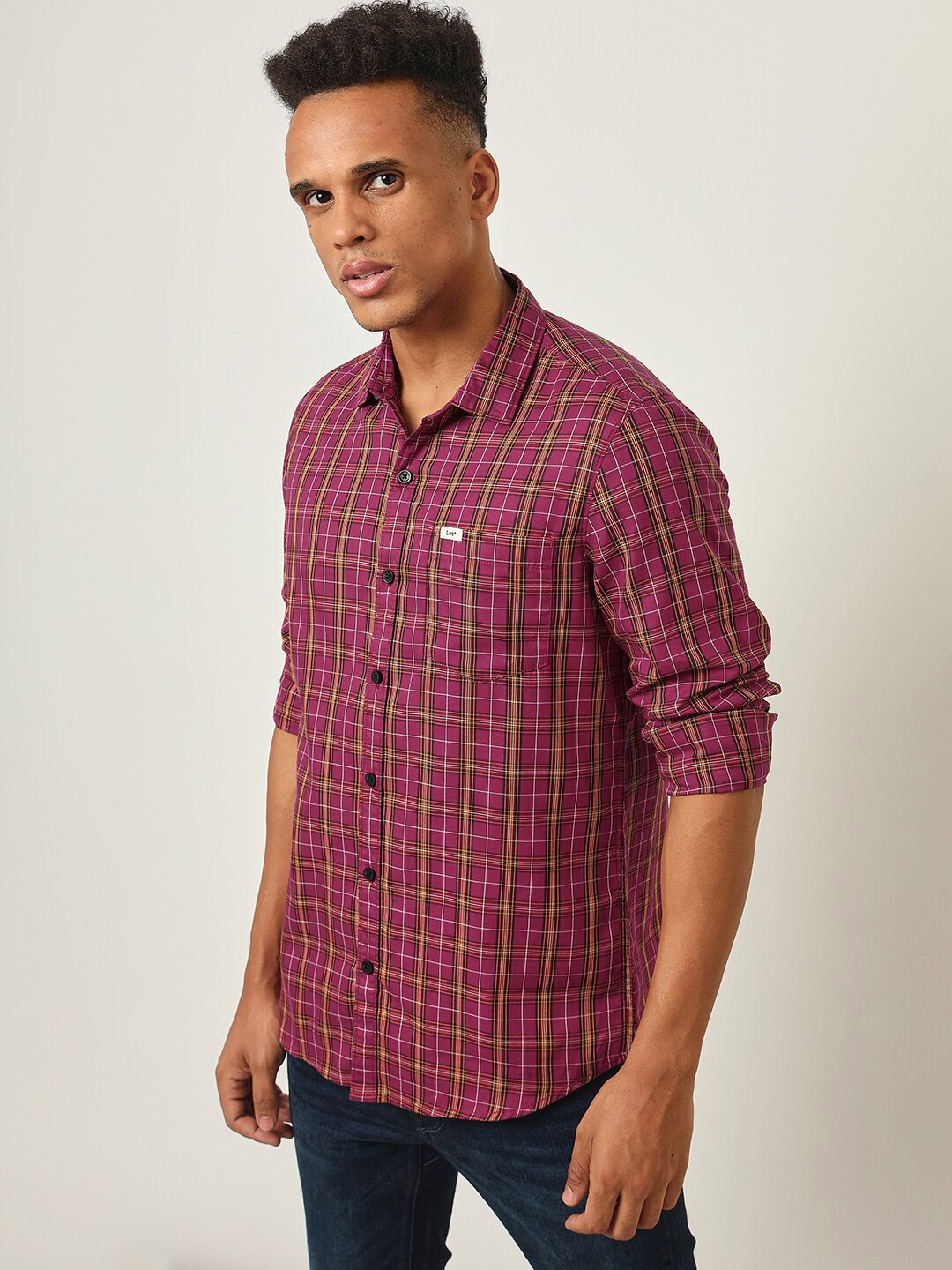 

Lee Slim Fit Grid Tattersall Checks Spread Collar Long Sleeves Cotton Casual Shirt, Red