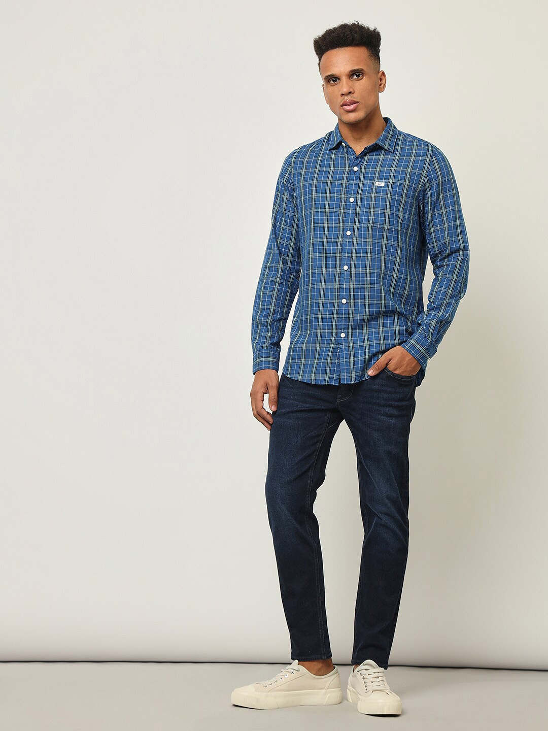 

Lee Slim Fit Grid Tattersall Checks Spread Collar Long Sleeves Cotton Casual Shirt, Blue