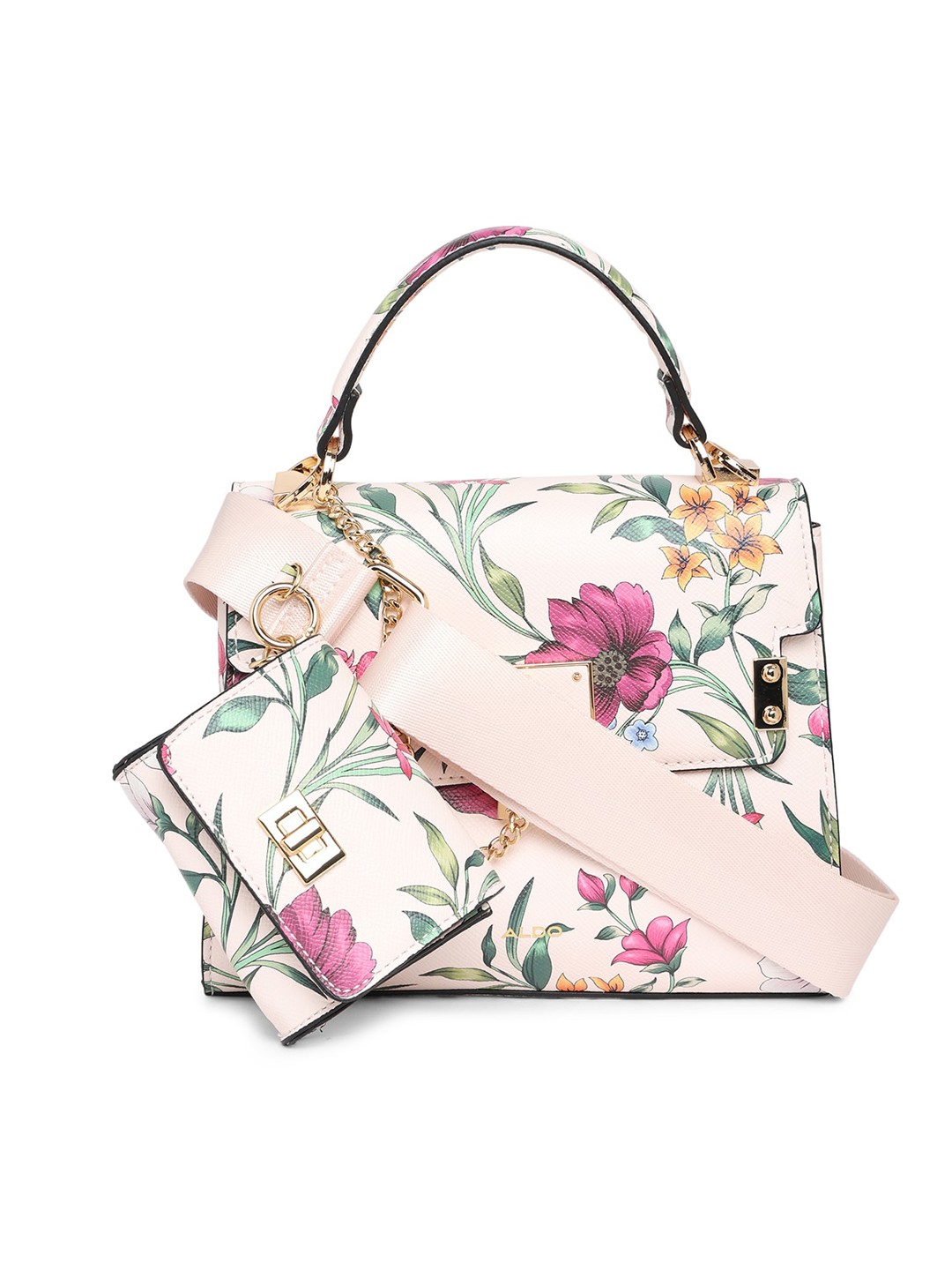 

ALDO Pink Floral Printed Structured Satchel Handbag & Pouch, Beige