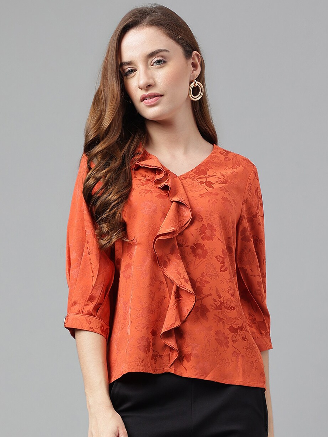 

Latin Quarters Floral Printed V-Neck Top, Rust