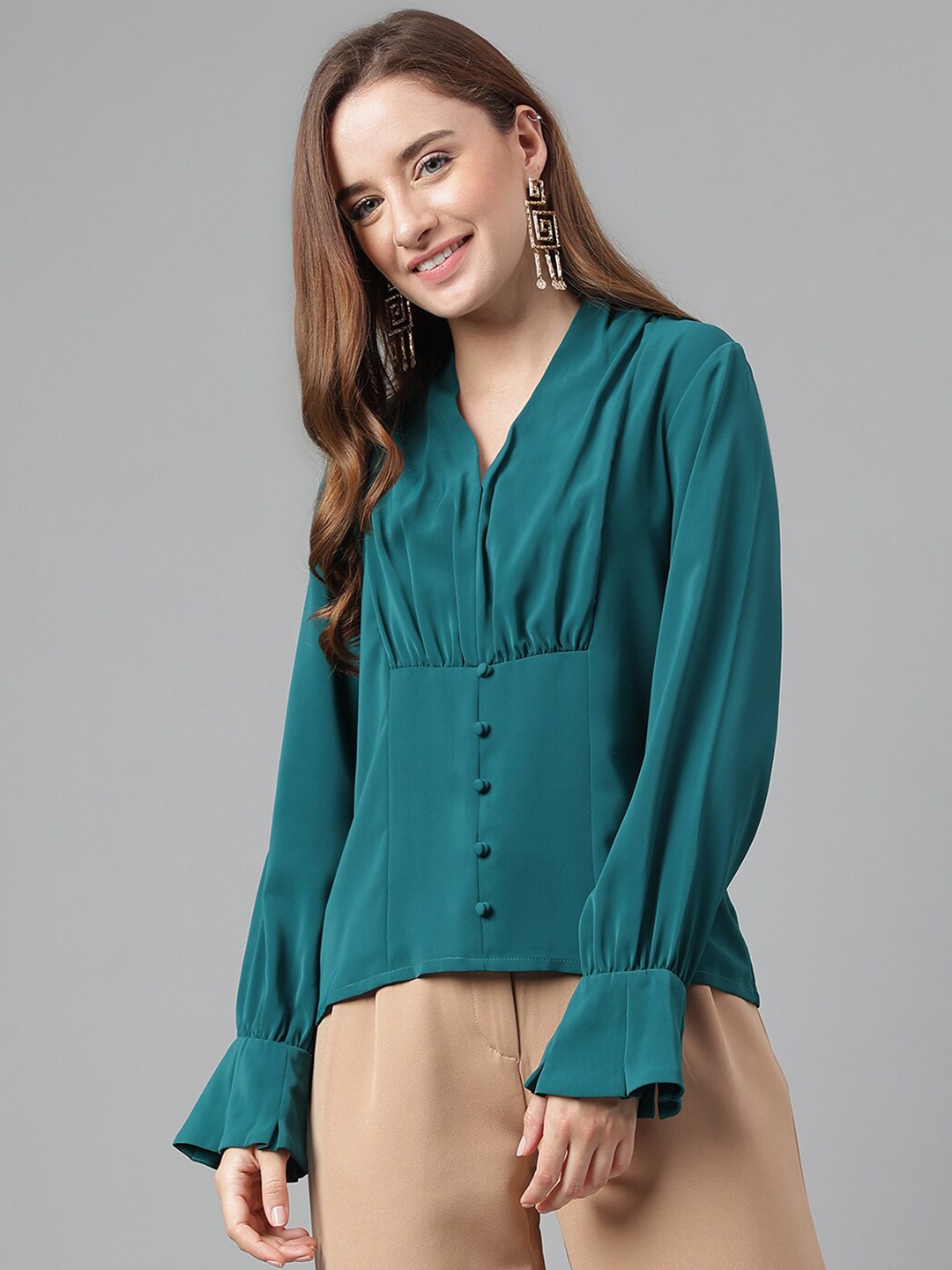 

Latin Quarters V-Neck Bell Sleeves Top, Green