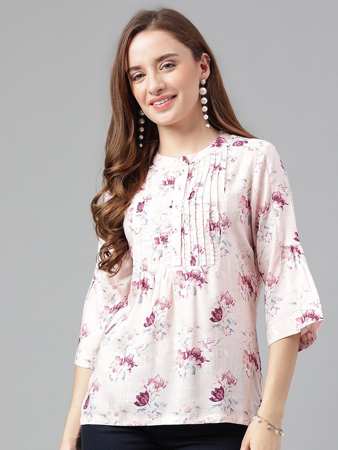 

Latin Quarters Floral Printed Mandarin Collar Top, Pink