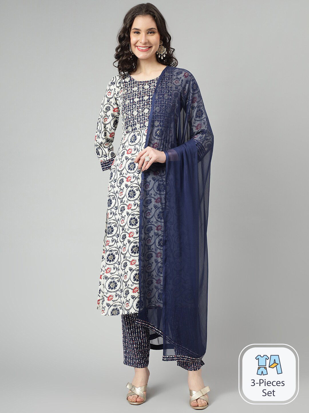 

KALINI Floral Printed Thread Work Kurta & Palazzos With Dupatta, Blue