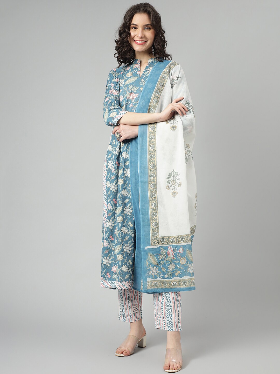 

KALINI Floral Printed Mandarin Collar Pure Cotton Kurta With Trousers & Dupatta, Blue