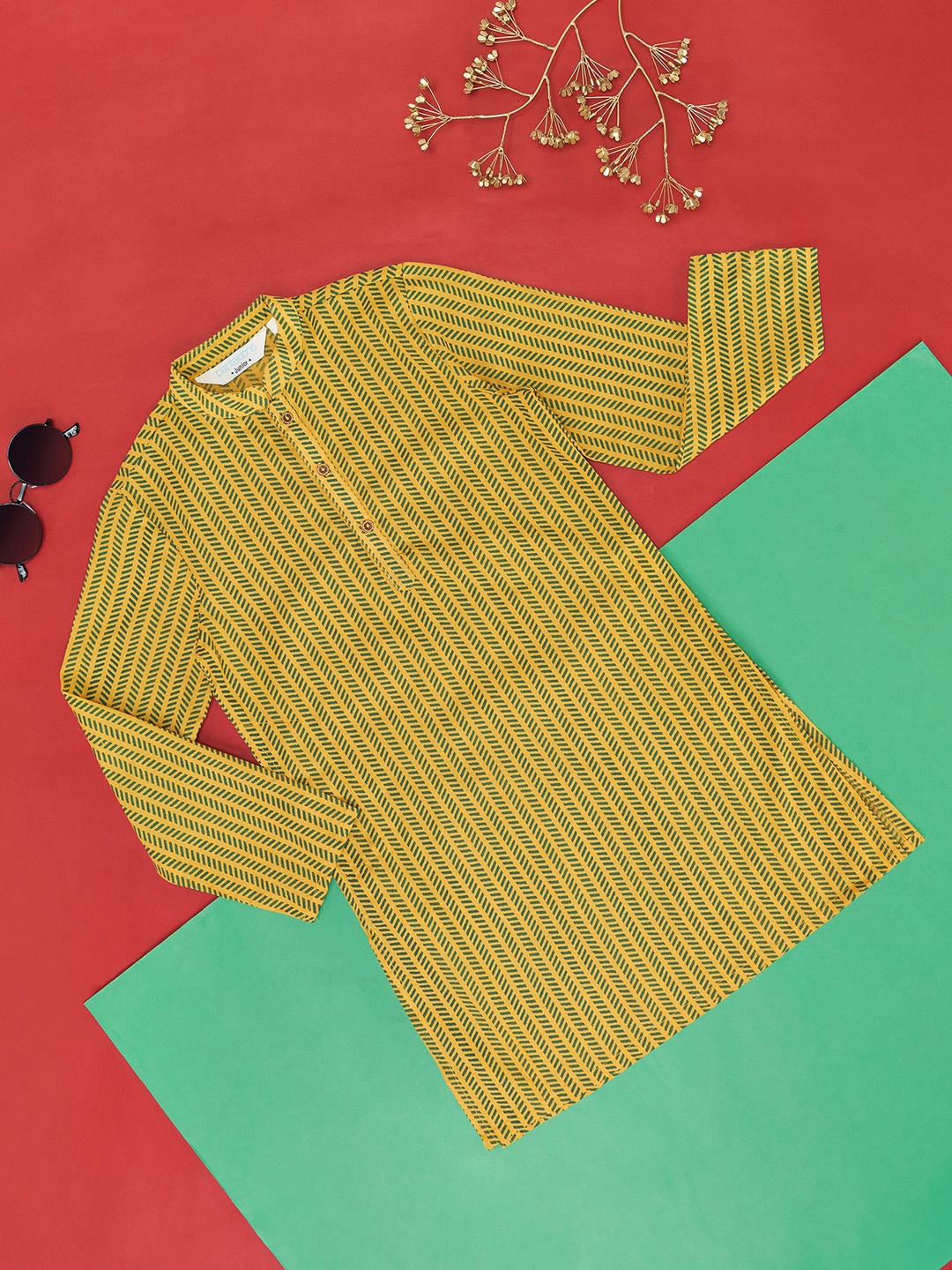 

indus route by Pantaloons Boys Geometric Striped Straight Kurta, Mustard