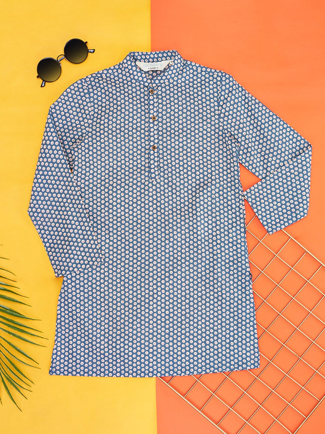 

indus route by Pantaloons Boys Blue Geometric Printed Mirror Work Kurta