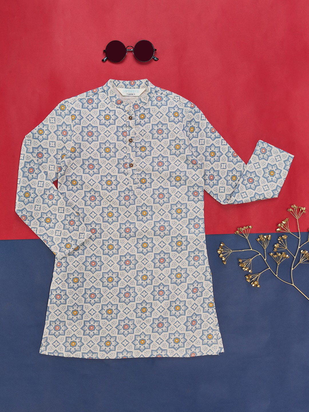 

indus route by Pantaloons Boys Blue Ethnic Motifs Printed Mirror Work Kurta
