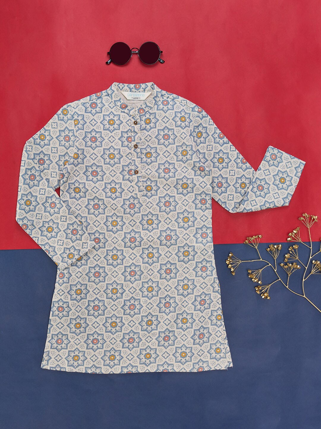 

indus route by Pantaloons Boys Ethnic Motifs Printed Straight Kurta, Blue