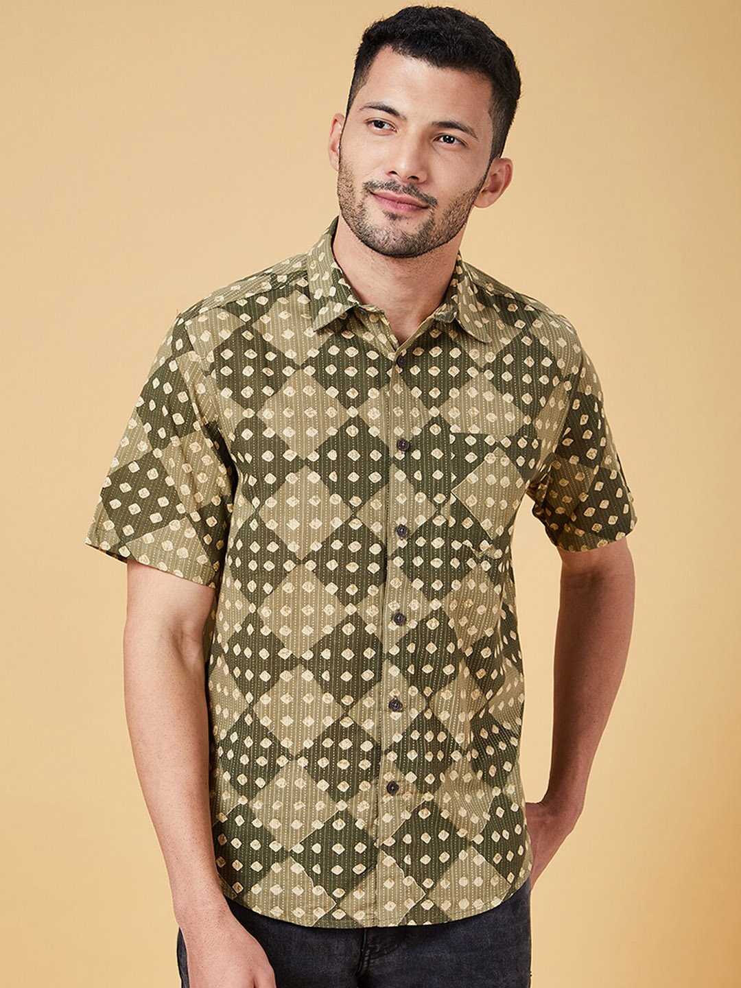 

indus route by Pantaloons Shirt Collar Geometric Printed Kurta, Green