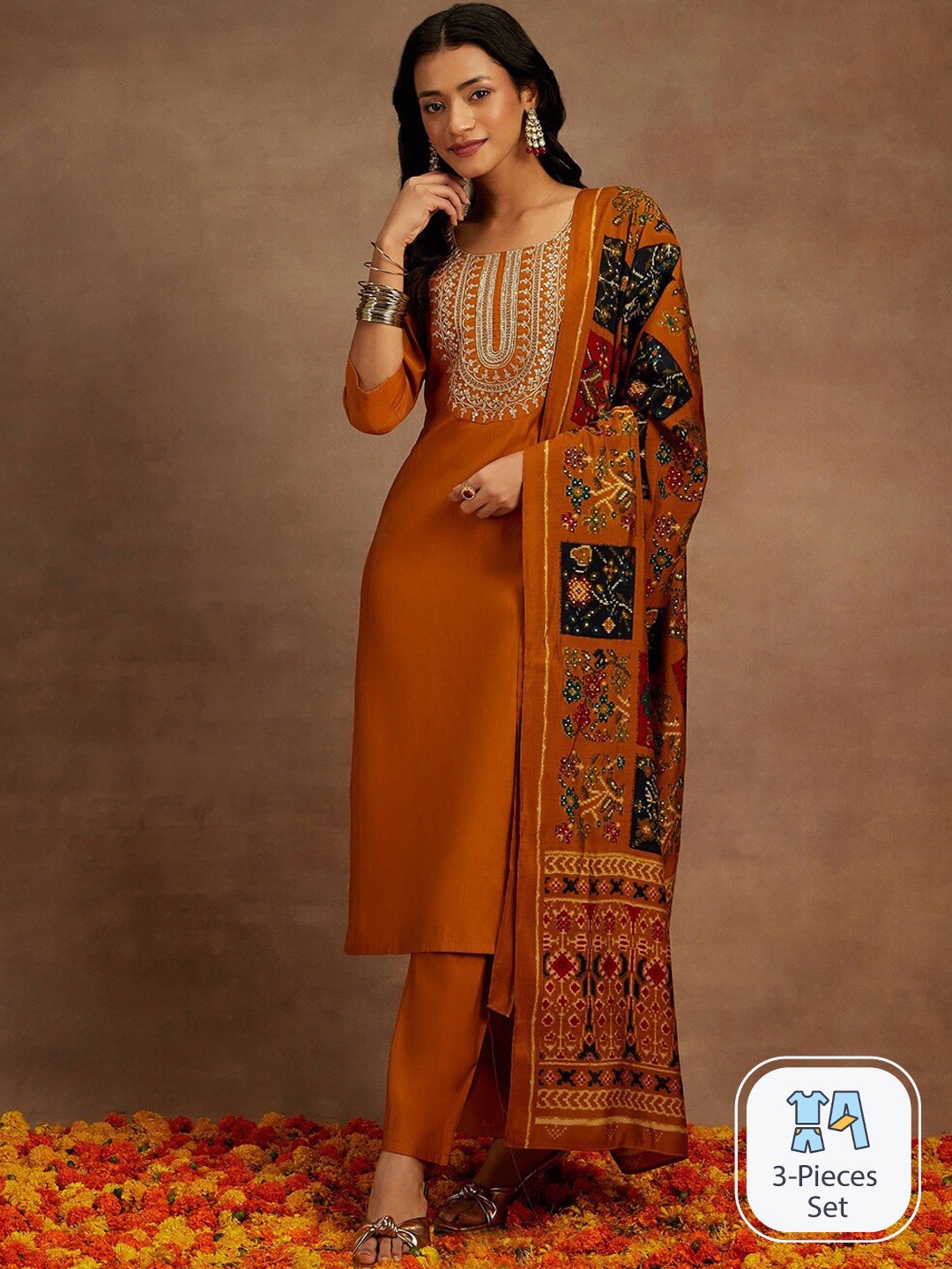 

Libas Floral Yoke Design Sequinned Straight Kurta With Trousers & Dupatta, Mustard
