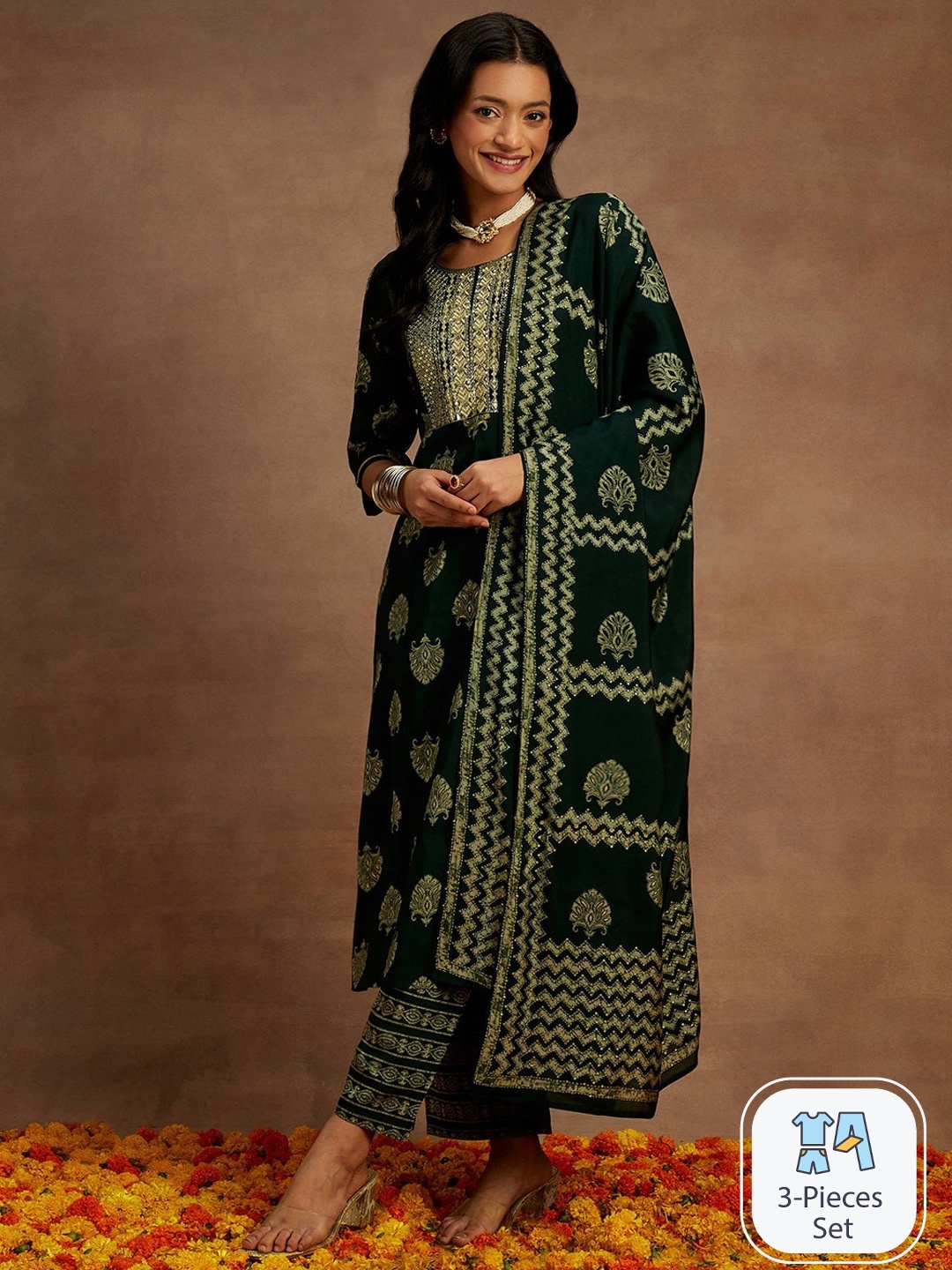 

Libas Green Floral Printed Regular Sequinned Kurta & Trousers With Dupatta