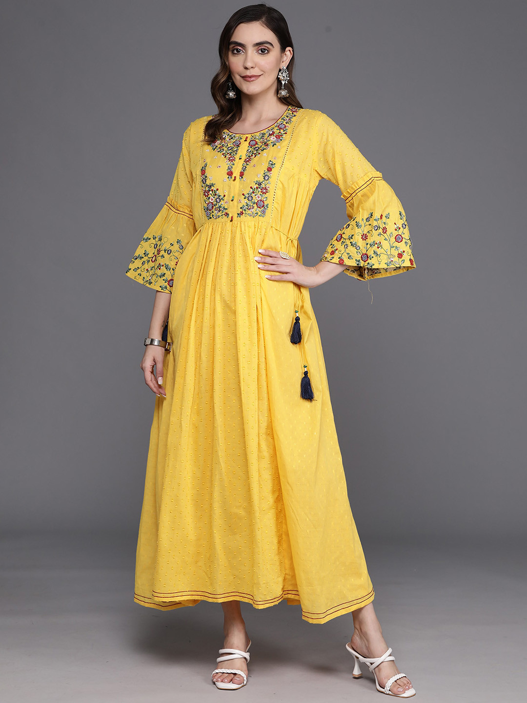 

Indo Era Yellow & Red Floral Embroidered Embellished A-Line Cotton Ethnic Dress