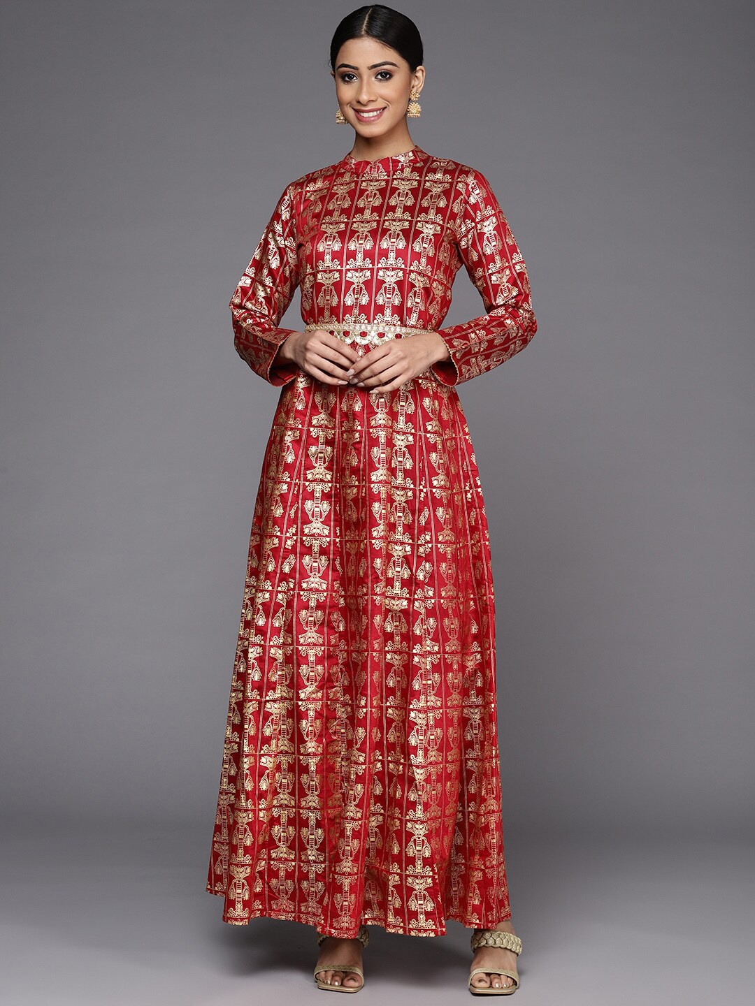 

Indo Era Ethnic Motifs Printed Embroidered Belted Liva A-line Ethnic Dress, Red