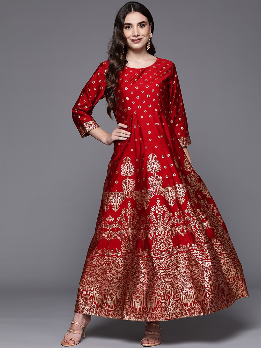 

Indo Era Ethnic Motifs Printed Liva A-line Ethnic Dress, Red
