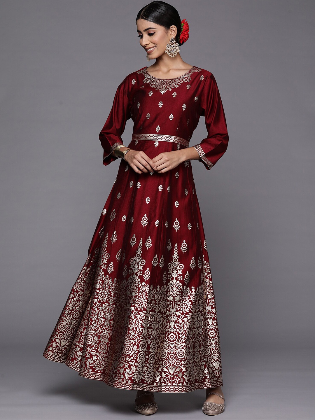 

Indo Era Ethnic Motifs Printed Liva A-line Ethnic Dress, Maroon