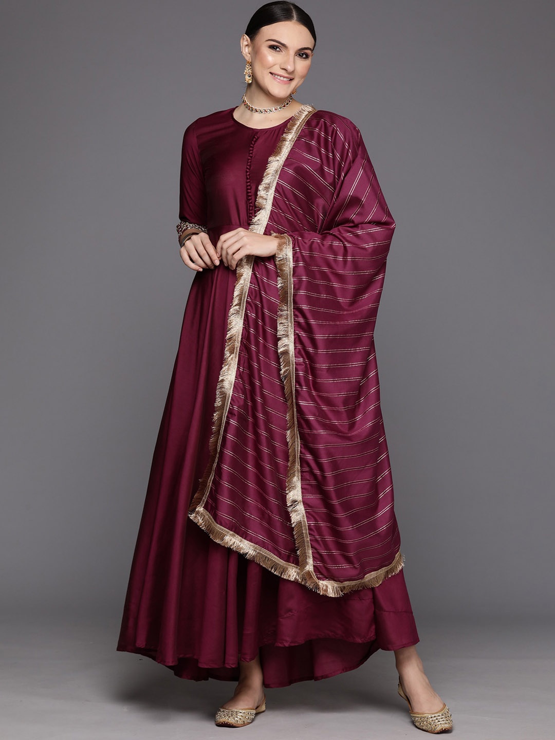 

Indo Era Fit & Flare Liva Ethnic Dress & Dupatta, Burgundy