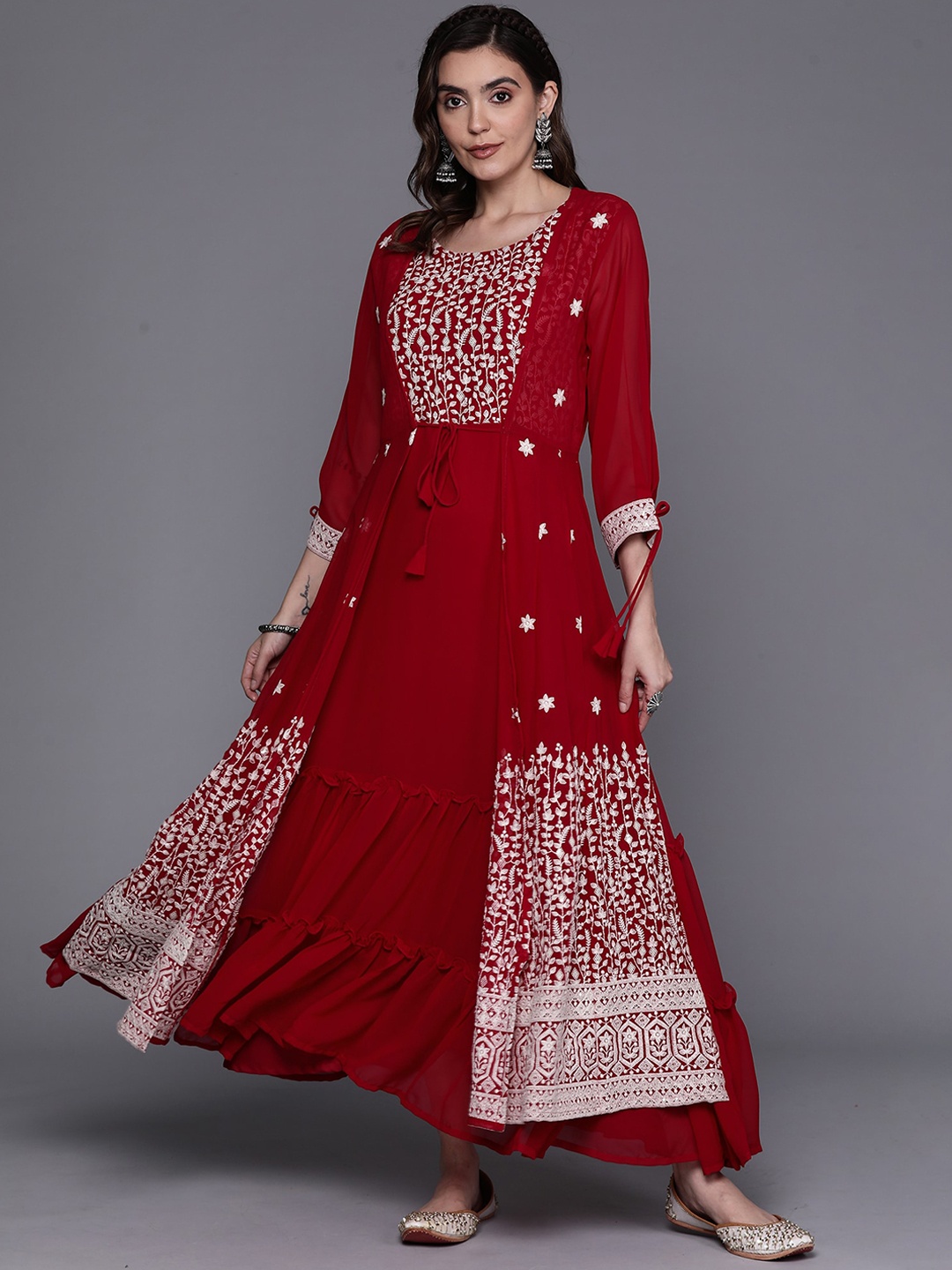 

Indo Era Ethnic Motifs Embroidered Georgette A-Line Ethnic Dress, Red