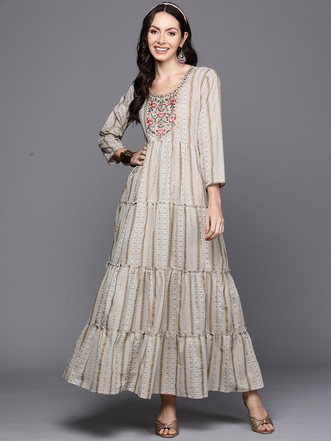 

Indo Era Off-White & Gold-Toned Striped Embroidered A-Line Cotton Ethnic Drees
