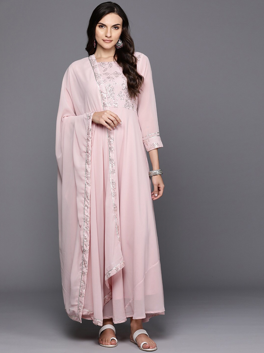 

Indo Era Embellished Fit & Flare Cotton Ethnic Dress & Dupatta, Mauve