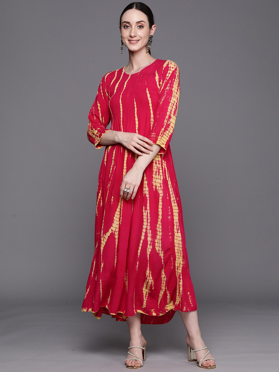 

Indo Era Pink & Yellow Tie & Dye Printed A-Line Midi Dress